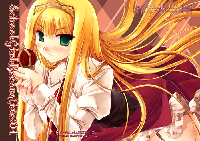 miyasu risa, original, 1girl, blonde hair, dress, female focus, green eyes, long hair, solo, tiara