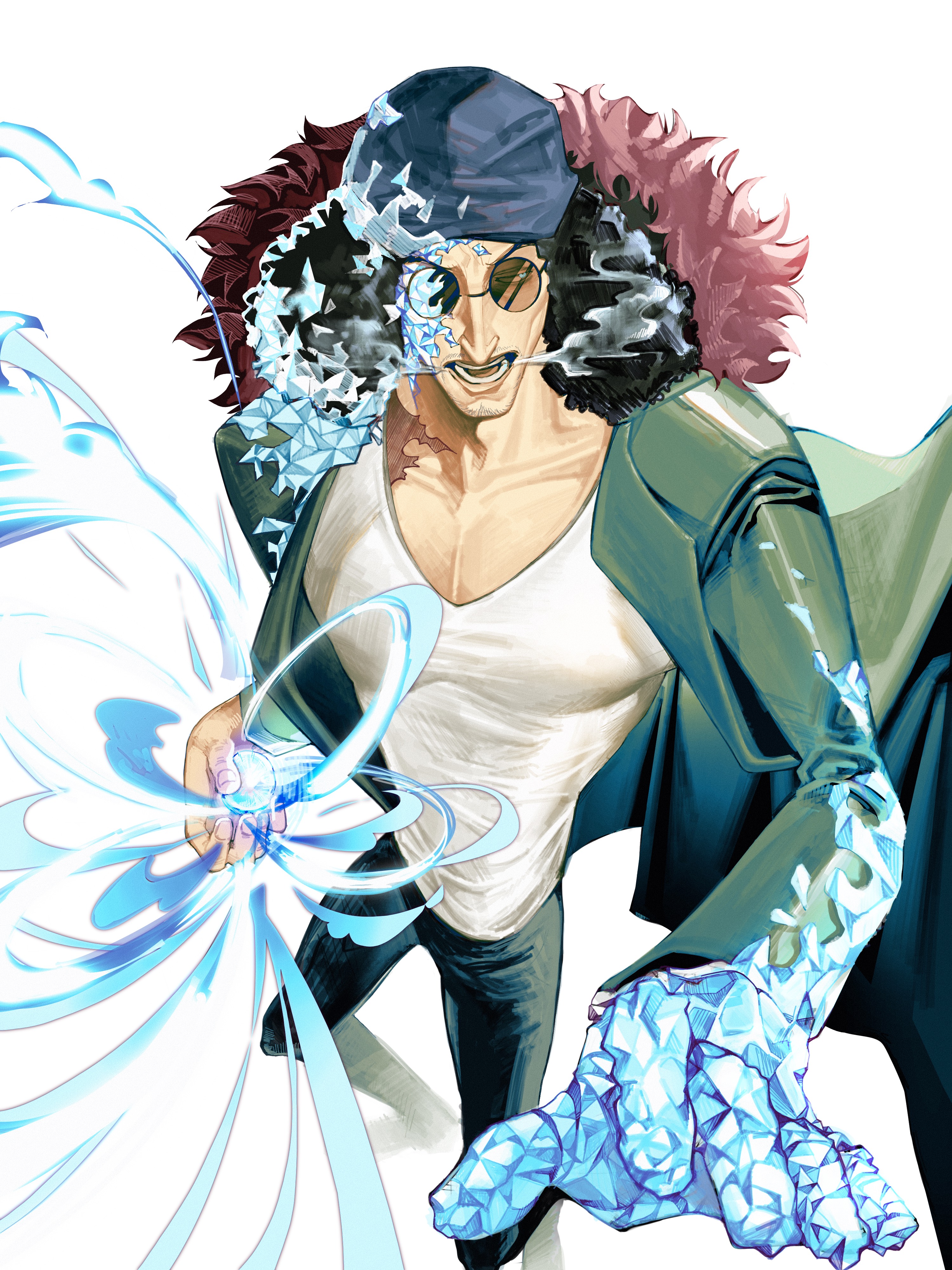 aokiji (one piece), one piece, absurdres, commentary request, highres, korean commentary, 1boy, black hair, black pants, blue hat, coat, collarbone, cryokinesis, curly hair, devil fruit power, fur-trimmed hood, fur trim, green coat, hat, hood, hooded coat, ice, male focus, material growth, pants, red fur, shirt, solo, standing, tank top, white background, white shirt, y in 23