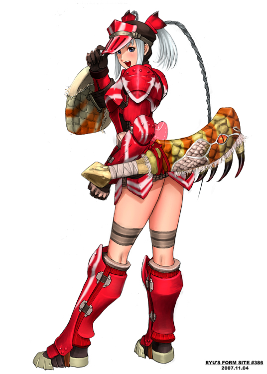 ryu (ryu's form site), capcom, monster hunter (series), 1girl, antennae, armor, blue eyes, female focus, hermitaur (armor), red armor, shield, solo, sword, twintails, weapon, white hair