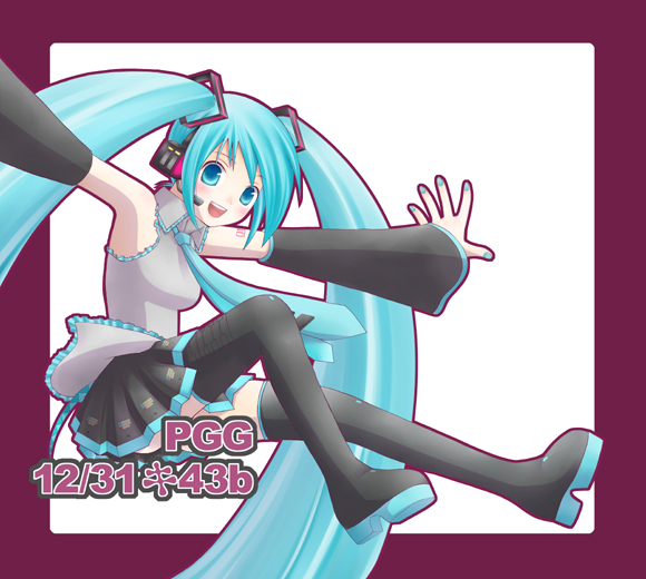 hatsune miku, vocaloid, 1girl, aqua hair, female focus, long hair, solo, thighhighs, twintails, very long hair