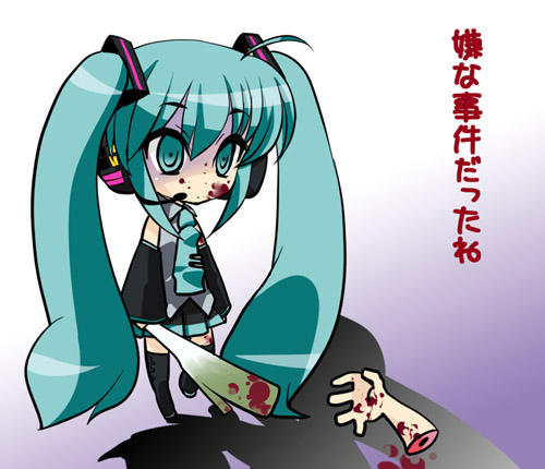 asai ichiko, hatsune miku, higurashi no naku koro ni, vocaloid, lowres, translated, 1girl, aqua hair, blood, blood on face, chibi, female focus, long hair, necktie, parody, solo, spring onion, square-end necktie, thighhighs, twintails, very long hair, yandere