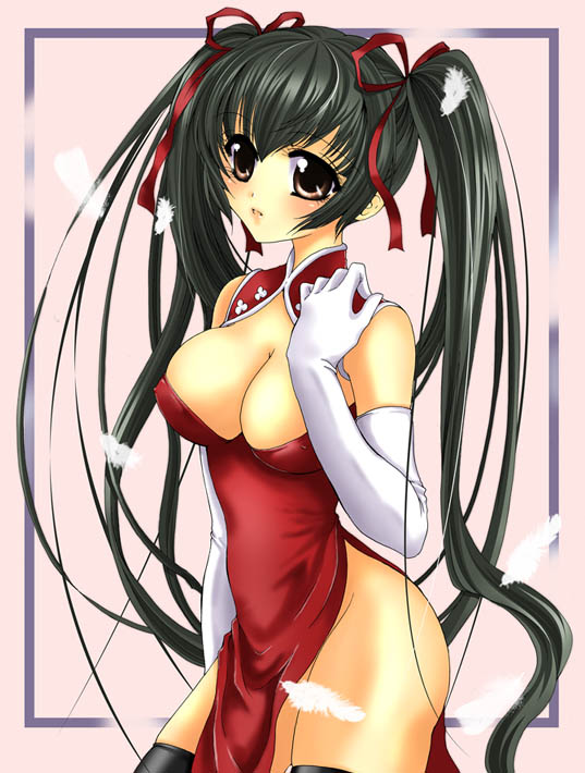 sakasaka, wang liu mei, gundam, gundam 00, 00s, 1girl, breasts, cleavage, elbow gloves, female focus, gloves, large breasts, solo, thighhighs, twintails