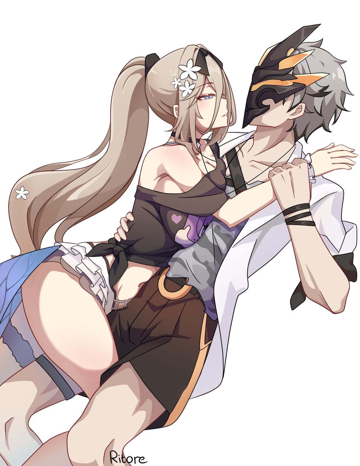 ritore, aponia, elysia (honkai impact), kalpas (honkai impact), honkai (series), honkai impact 3rd, highres, 1boy, 1girl, bare shoulders, belt, bikini, black shirt, black shorts, blue eyes, breasts, brown hair, closed mouth, flower, grey hair, hair between eyes, hair flower, hair ornament, hetero, jacket, large breasts, leg between thighs, long hair, looking at another, mask, mole, mole under eye, navel, official alternate costume, open clothes, ponytail, purple eyes, shirt, short hair, shorts, swimsuit, thighs, tied shirt, white flower, white jacket