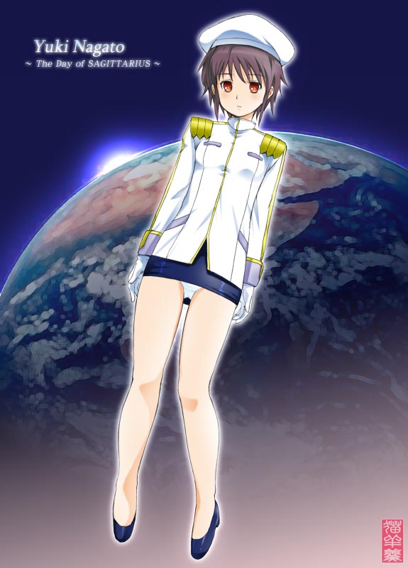 maira gen, nagato yuki, suzumiya haruhi no yuuutsu, the day of sagittarius, 00s, 1girl, clothes lift, female focus, hat, military, military uniform, miniskirt, panties, pantyshot, skirt, skirt lift, solo, space uniform, underwear