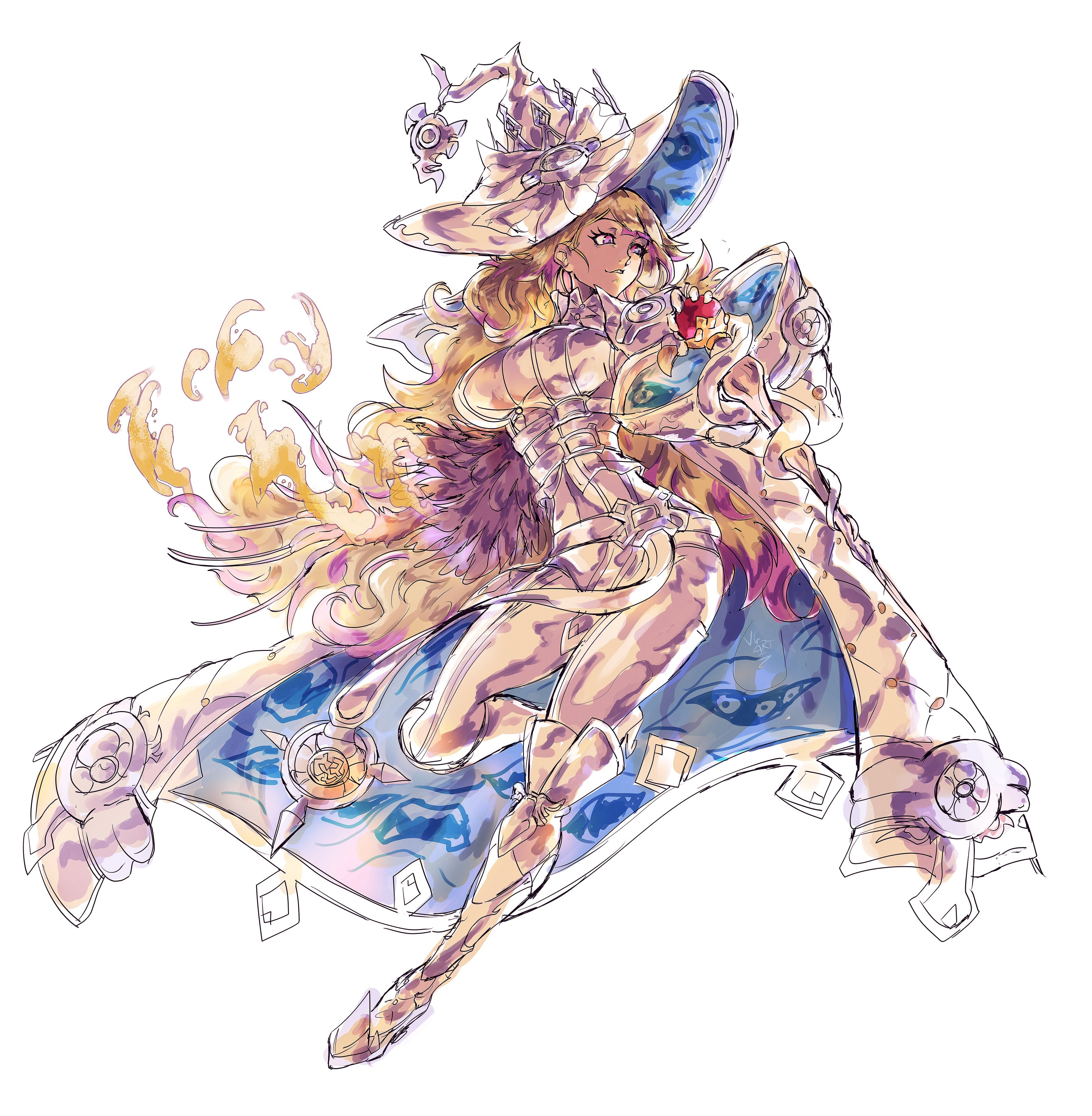 vincent graphic art, diabellze the original sinkeeper, yu-gi-oh!, absurdres, highres, 1girl, blonde hair, bodysuit, breasts, duel monster, hat, holding, holding staff, large breasts, long hair, multicolored hair, purple hair, smile, staff, streaked hair, white bodysuit, white hat, witch, witch hat