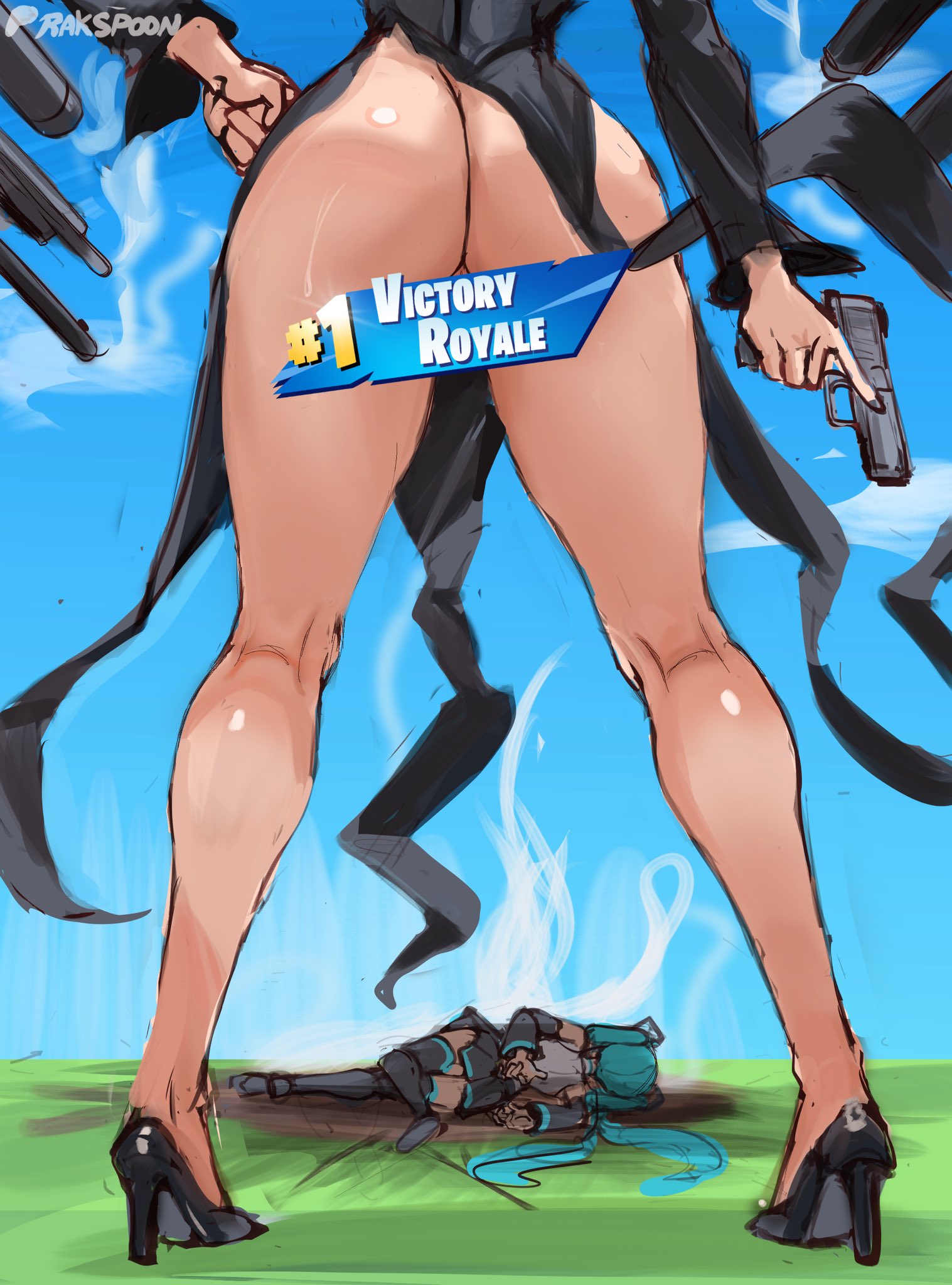 rakeemspoon, hatsune miku, tatsumaki, fortnite, one-punch man, vocaloid, commentary, english commentary, highres, 2girls, aqua hair, ass, ass focus, black boots, black dress, black shoes, black skirt, black sleeves, blue sky, boots, censored, censored by text, clenched hand, cloud, crossover, detached sleeves, dress, family guy death pose (meme), grass, gun, handgun, high heels, holding, holding gun, holding weapon, kneepits, lying, meme, multiple girls, no panties, on side, outdoors, pleated skirt, shoes, sketch, skirt, sky, smoke, stiletto heels, thigh boots, thighs, trigger discipline, twintails, weapon