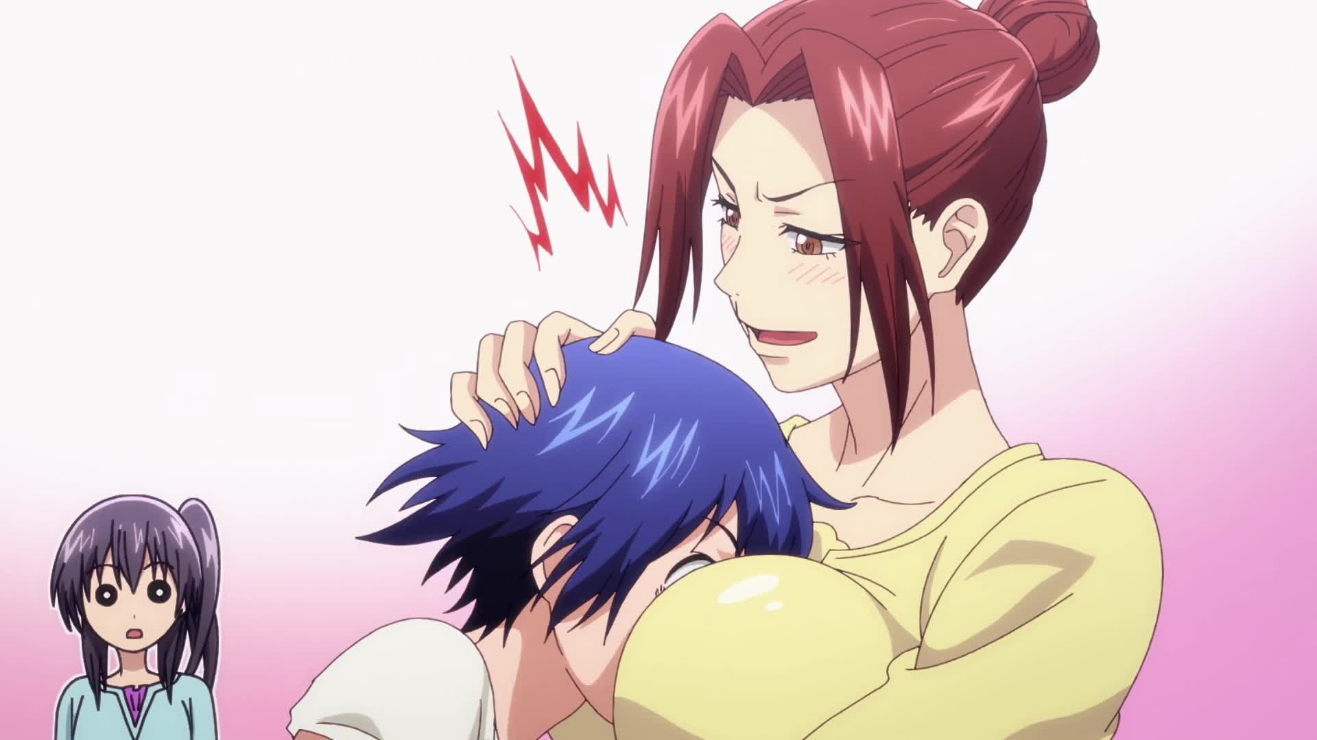 suzuki keiko, yoshiwara aina, grand blue, animated, anime screenshot, highres, sound, tagme, video, 3girls, blue hair, blush, breast smother, breasts, face to breasts, hair bun, hand on another's head, kamio kiyoko, large breasts, multiple girls, open mouth, red hair, shirt, short hair, sidelocks, smile, yellow shirt