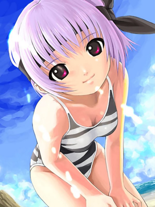 mikazuki akira!, ayane (doa), dead or alive, tecmo, beach, bent over, day, foreshortening, headband, one-piece swimsuit, purple hair, ribbon, short hair, smile, solo, swimsuit
