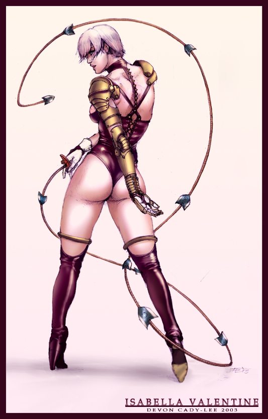 isabella valentine, soul calibur, soulcalibur i, 00s, 1girl, 2003, ass, character name, female focus, solo, sword, thighhighs, weapon, whip, whip sword