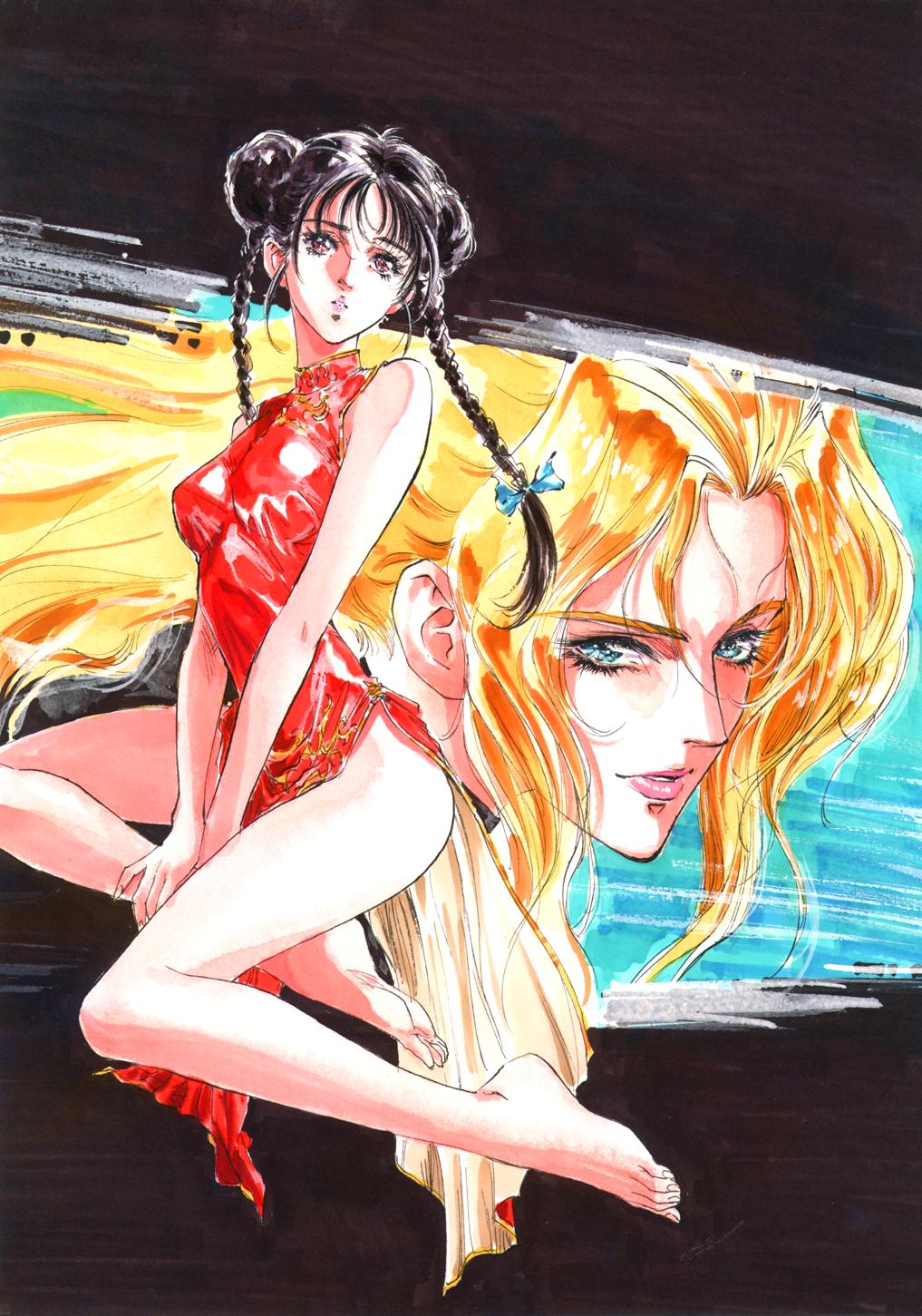 highres, traditional media, 2girls, bare legs, bare shoulders, barefoot, black hair, blonde hair, blue eyes, braid, china dress, chinese clothes, double bun, dress, eyelashes, feet, long hair, multiple girls, red eyes, sitting, twin braids, v arms