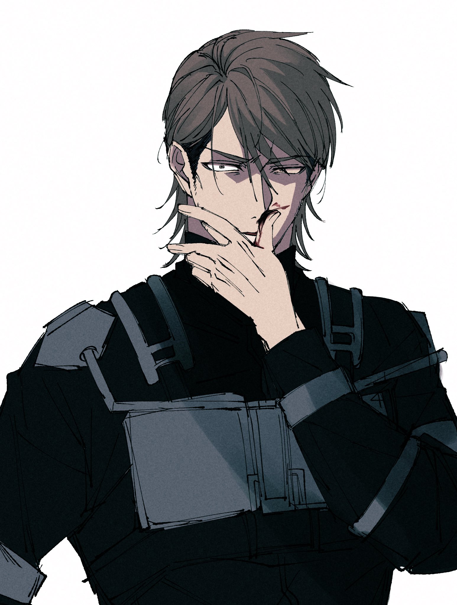 jean kirstein, shingeki no kyojin, commentary request, highres, 1boy, arm up, black hair, black shirt, blood, brown hair, fingernails, long sleeves, looking to the side, male focus, medium hair, multicolored hair, namatya564, nosebleed, parted bangs, parted hair, shirt, sideburns, sideways glance, simple background, solo, two-tone hair, uneven eyes, upper body, white background, wide-eyed, wiping nose
