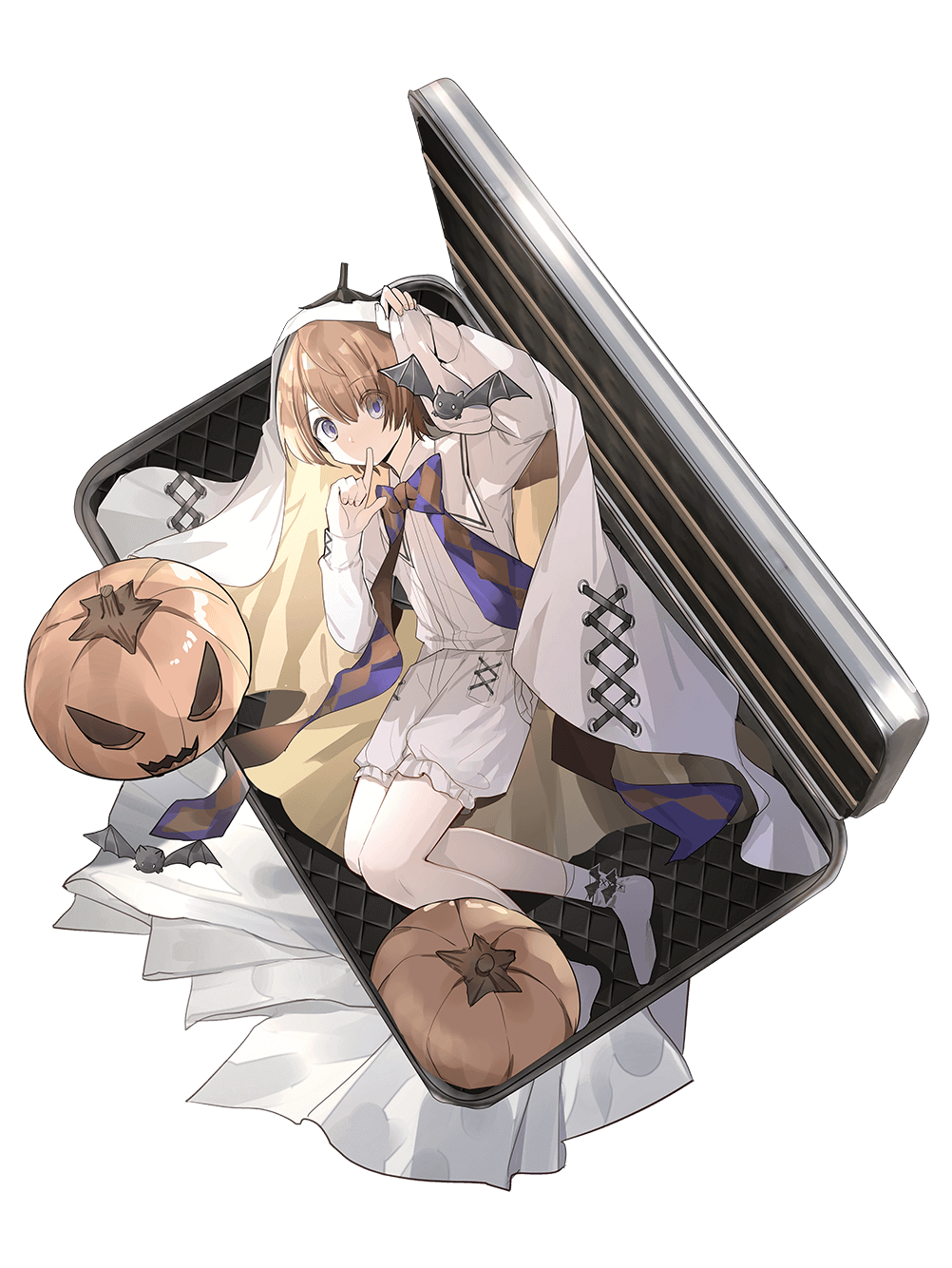 food fantasy, highres, official art, third-party source, 1boy, bat (animal), brown hair, covering own mouth, deviled egg (food fantasy), grey eyes, jack-o'-lantern, male focus, puffy shorts, purple pupils, shirt, shorts, simple background, socks, solo, transparent background, white shirt, white shorts, white socks