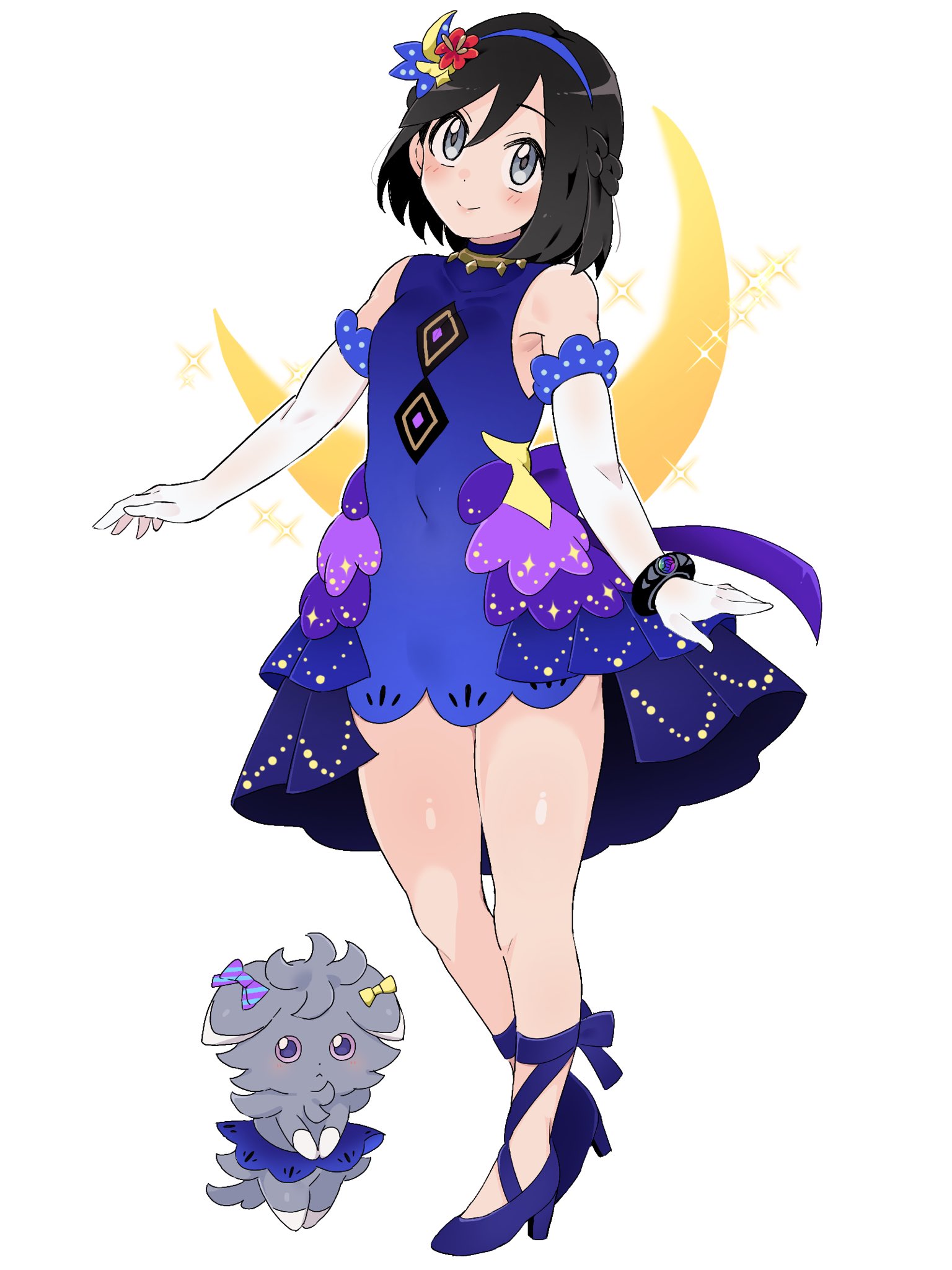sana (37pisana), calem (pokemon), espurr, lillie (anniversary 2021) (pokemon), lillie (pokemon), nintendo, pokemon, pokemon masters ex, pokemon xy, highres, 1boy, bare shoulders, black hair, blue dress, blue hairband, blue shoes, closed mouth, cosplay, crossdressing, crossdressing (mtf), dress, elbow gloves, flower, full body, gen 6 pokemon, gloves, grey eyes, hair flower, hair ornament, hairband, head tilt, high heels, lillie (pokemon) (cosplay), male focus, pokemon (creature), red flower, shoes, short hair, sleeveless, sleeveless dress, smile, standing, white background, white gloves