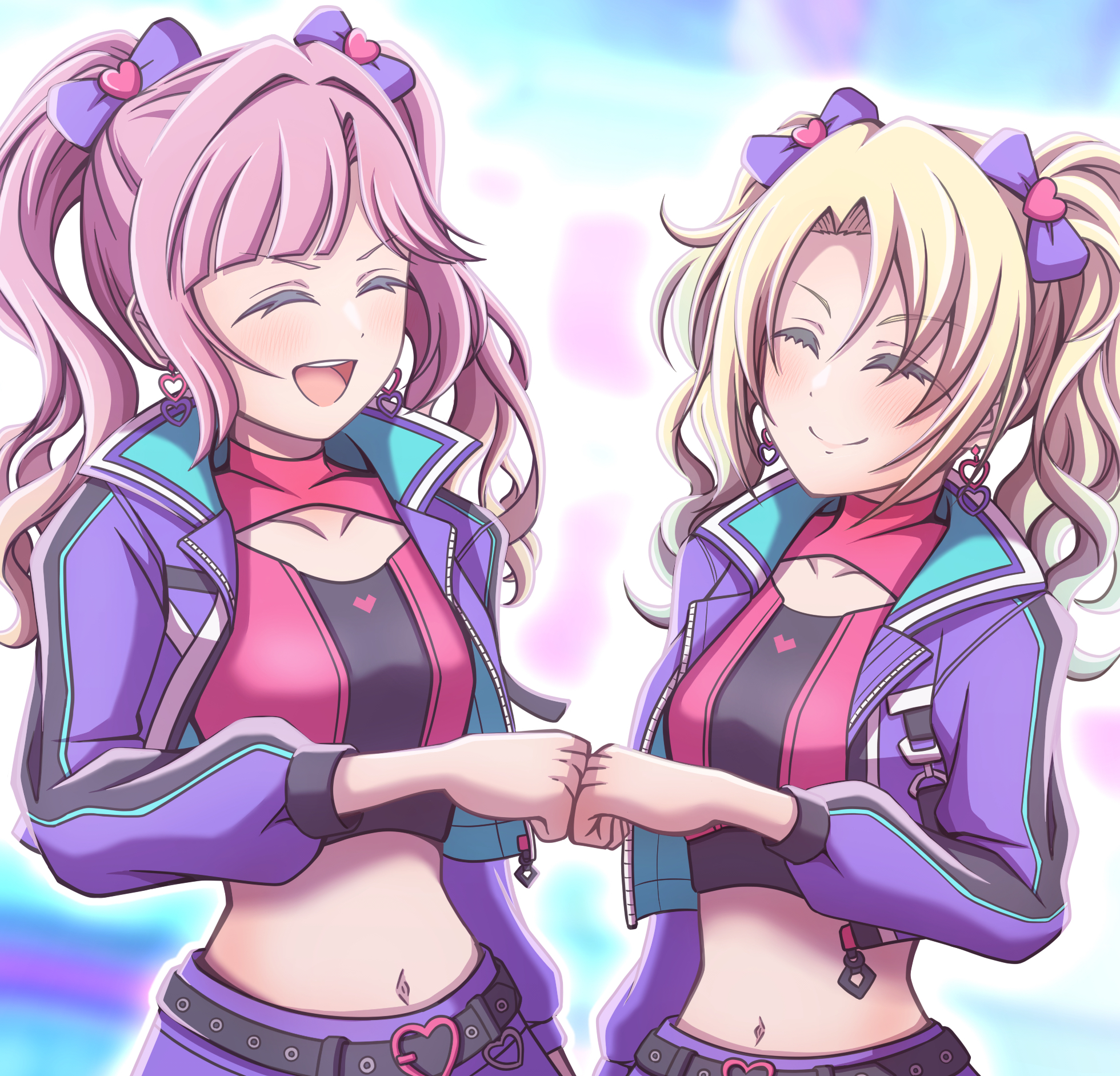 ganbarai, anyoji hime, osawa rurino, link! like! love live!, love live!, commentary request, highres, 2girls, :d, ^ ^, above-cleavage cutout, belt, black belt, blonde hair, blue background, blurry, blurry background, bow, closed eyes, closed mouth, clothing cutout, collarbone, collared jacket, crop top, cropped jacket, cropped shirt, curtained hair, fist bump, hair bow, hair ornament, heart, heart belt buckle, heart hair ornament, jacket, long sleeves, midriff, mira-cra park!, multiple girls, navel, official alternate costume, official alternate hairstyle, open clothes, open jacket, open mouth, parted bangs, pink background, pink hair, pink shirt, purple bow, purple jacket, purple skirt, shirt, skirt, smile, split mouth, teeth, twintails, upper teeth only, v-shaped eyebrows, virtual youtuber