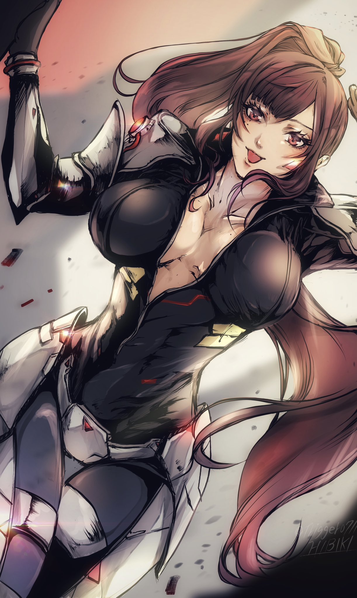 scarle yonaguni, scarle yonaguni (6th costume), nijisanji, nijisanji en, highres, 1girl, black bodysuit, black gloves, bodysuit, breasts, brown hair, collarbone, eyelashes, gloves, large breasts, long hair, mole, mole under eye, open mouth, ponytail, red eyes, solo, thigh gap, trigger0711, twitter username, virtual youtuber