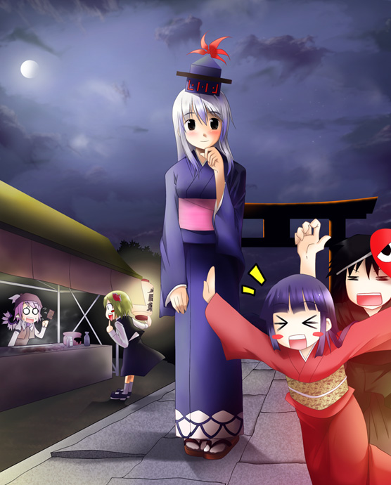 kannazuki hato, kamishirasawa keine, mystia lorelei, rumia, touhou, silver hair, 1boy, 4girls, alternate costume, blonde hair, blue hair, child, full moon, hair ribbon, hat, japanese clothes, kimono, moon, multiple girls, night, pink hair, red eyes, ribbon, short hair, tabi, wings, yukata