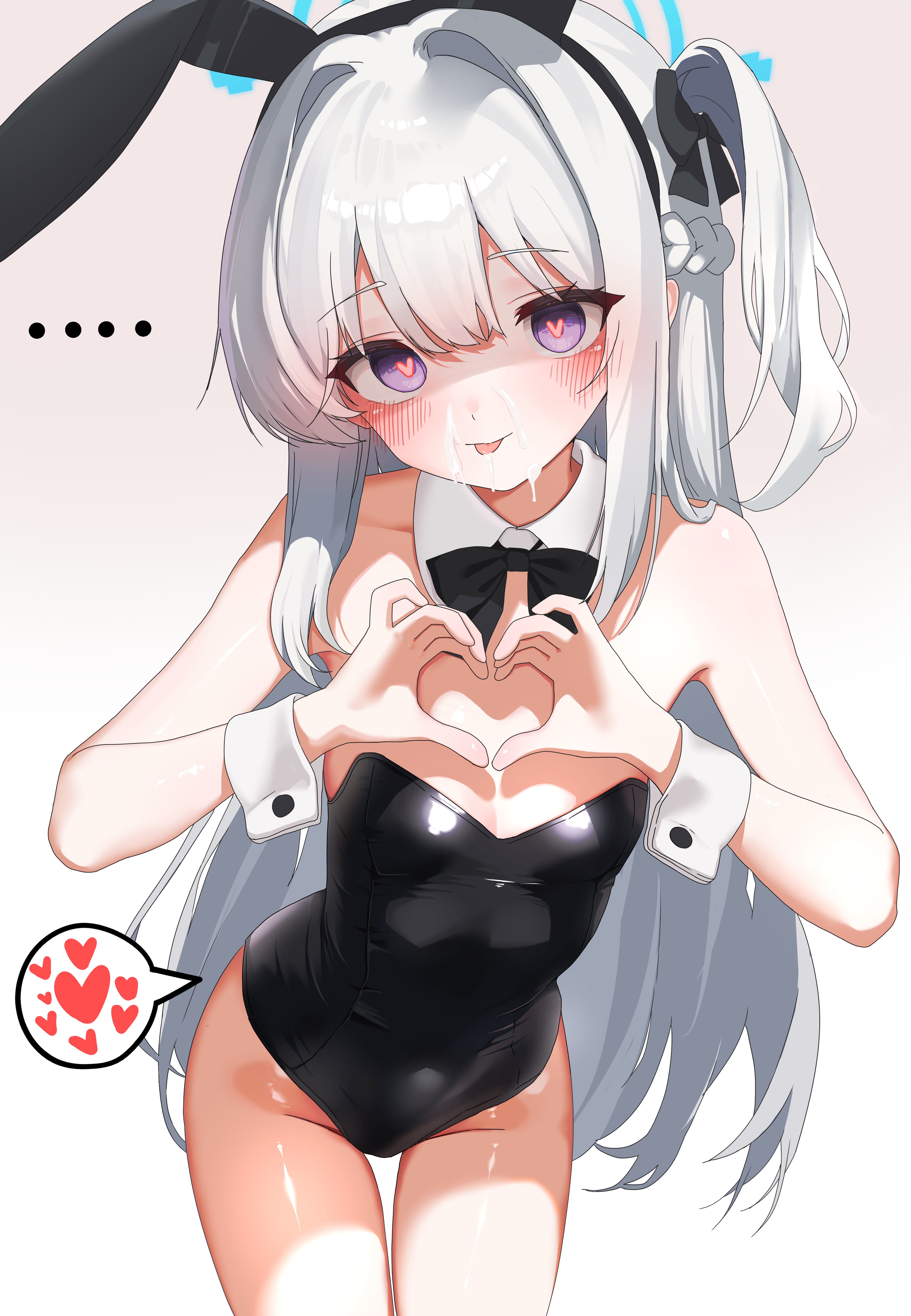 drawing flover, miyako (blue archive), blue archive, absurdres, commentary request, highres, …, 1girl, alternate costume, animal ear hairband, animal ears, black bow, black bowtie, black leotard, blush, bow, bowtie, breasts, detached collar, fake animal ears, grey hair, hairband, heart, heart-shaped pupils, heart hands, leaning forward, leotard, long hair, looking at viewer, one side up, partially shaded face, playboy bunny, purple eyes, rabbit ear hairband, rabbit ears, sexually suggestive, simple background, small breasts, solo, spoken heart, strapless, strapless leotard, suggestive fluid, symbol-shaped pupils, thighs, tongue, tongue out, white background, white wrist cuffs, wrist cuffs