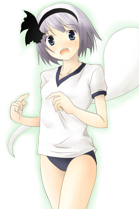 kannazuki hato, konpaku youmu, konpaku youmu (ghost), touhou, 1girl, alternate costume, buruma, female focus, gym uniform, hitodama, simple background, solo