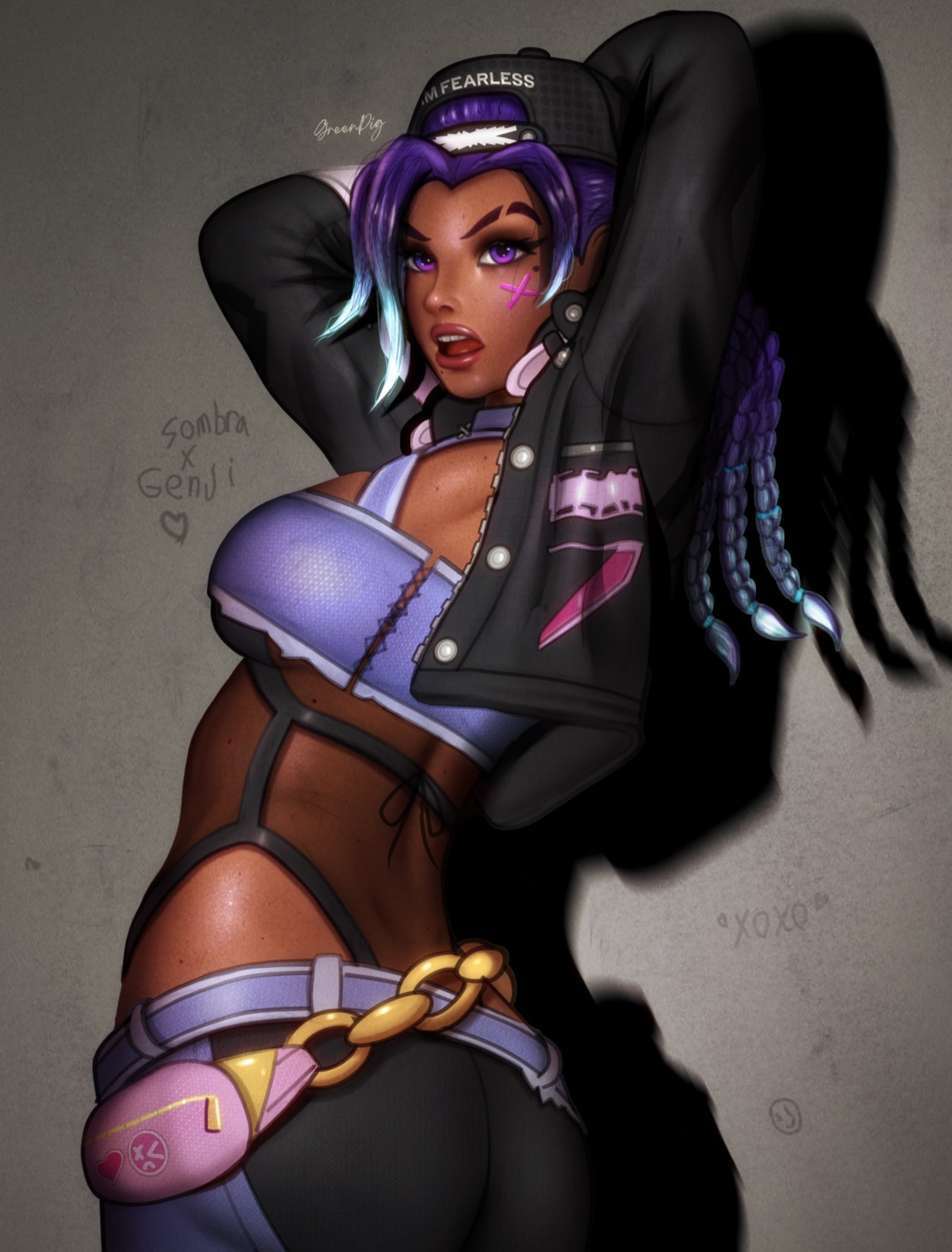 slay star sombra, sombra (overwatch), overwatch, highres, 1girl, arms behind head, artist name, backwards hat, baseball cap, black eyeshadow, black hat, black jacket, black pants, blue hair, blue sports bra, braid, concrete, cowboy shot, cropped jacket, dark-skinned female, dark skin, english text, eyebrow cut, eyeshadow, from side, gradient hair, greenpig, hat, highleg, highleg leotard, jacket, leotard, leotard under clothes, makeup, mole, mole under eye, mole under mouth, multicolored hair, multiple braids, official alternate costume, open clothes, open jacket, open mouth, pants, purple eyes, purple hair, red lips, see-through clothes, see-through leotard, shadow, solo, sports bra, standing, stone wall, teeth, tongue, waist bag