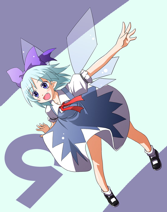 kannazuki hato, cirno, touhou, 1girl, blue eyes, blue hair, bow, circled 9, fairy wings, fang, female focus, matching hair/eyes, simple background, solo, wings