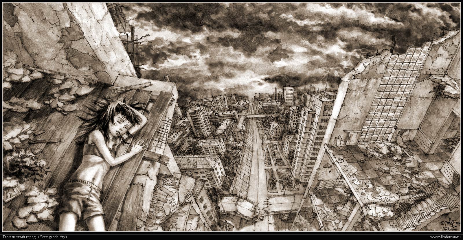 limfoman, highres, panorama, self-upload, 1girl, artist name, city, dated, female focus, lying, monochrome, navel, on side, ruins, russia, sepia, signature, sleeping, solo, watermark, web address