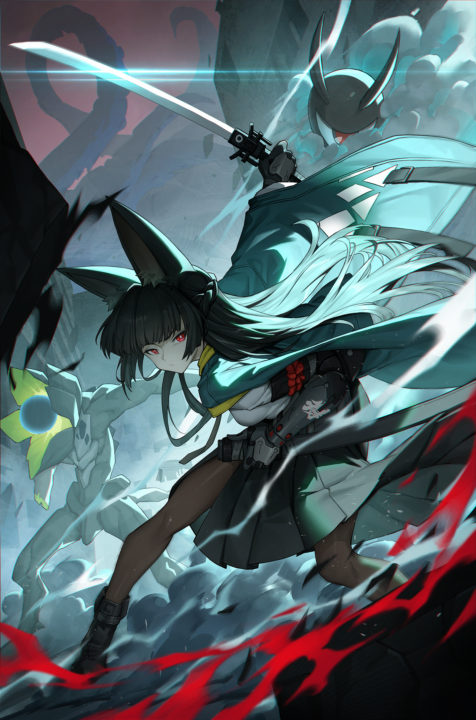 mi (630956686), ethereal (zenless zone zero), hoshimi miyabi, tailless (zenless zone zero), zenless zone zero, absurdres, highres, 1girl, animal ears, aqua jacket, black hair, black pantyhose, black skirt, bright pupils, fox ears, fox girl, holding, holding sword, holding weapon, jacket, katana, pantyhose, red eyes, scabbard, sheath, shirt, sidelocks, skirt, sword, weapon, white shirt