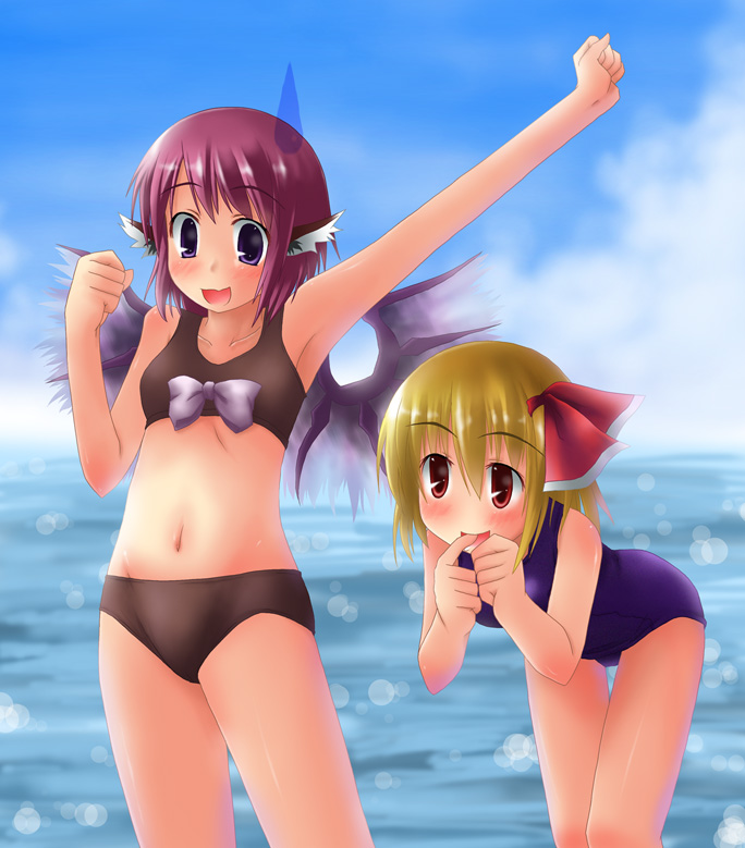 kannazuki hato, mystia lorelei, rumia, touhou, 2girls, animal ears, beach, bikini, blonde hair, blush, day, female focus, hair ribbon, multiple girls, one-piece swimsuit, outdoors, pink hair, purple eyes, red eyes, ribbon, school swimsuit, short hair, swimsuit, wings