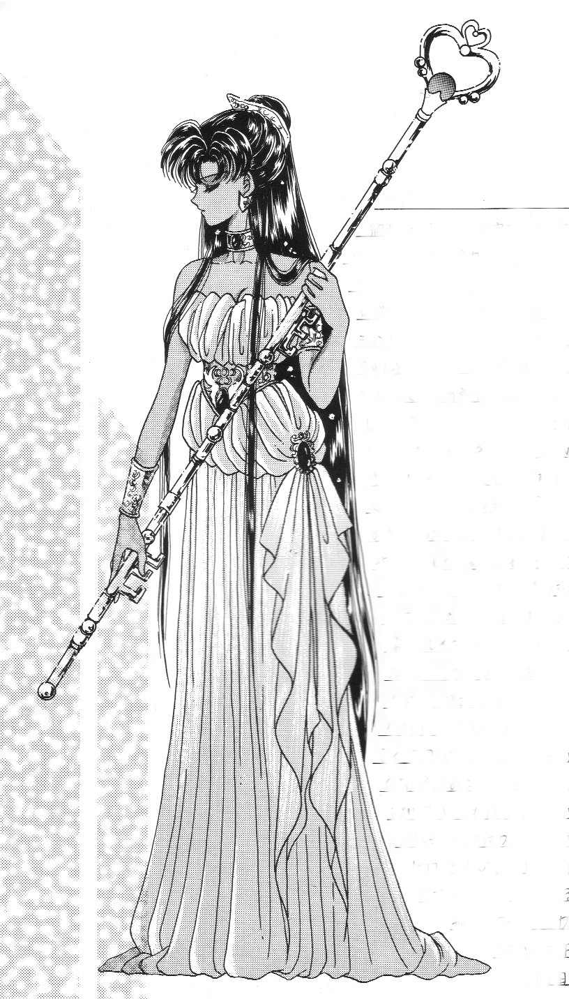meiou setsuna, sailor pluto, bishoujo senshi sailor moon, highres, 1990s (style), 1girl, ancient greek clothes, armlet, bracelet, breasts, choker, cleavage, closed eyes, dark-skinned female, dark skin, dress, earrings, female focus, garnet rod, greco-roman clothes, greyscale, hair bun, half updo, holding, holding staff, jewelry, key, long hair, magical girl, monochrome, necklace, peplos, retro artstyle, rod, single hair bun, solo, staff, very long hair