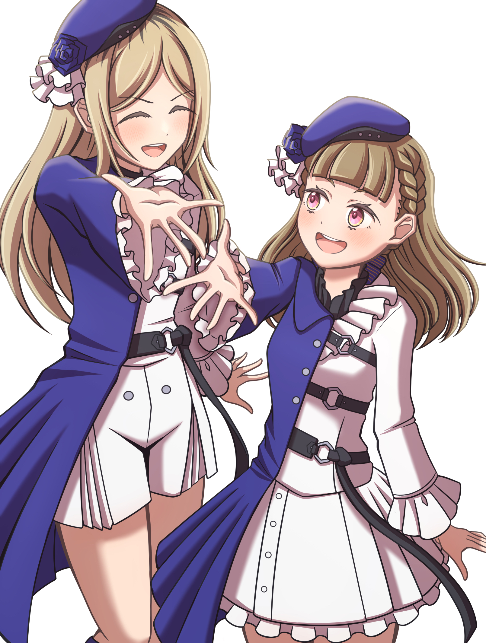 ganbarai, kachimachi kosuzu, yugiri tsuzuri, link! like! love live!, love live!, commentary request, highres, 2girls, :d, ^ ^, beret, black bow, black hair, blue coat, blue flower, blue hat, blue rose, bow, braid, brown hair, center-flap bangs, closed eyes, coat, cosplay, cowboy shot, dress, flower, frilled sleeves, frills, hair bow, hat, hat flower, jumpsuit, kachimachi kosuzu (cosplay), ladybug (love live!), long sleeves, looking at another, multicolored hair, multiple girls, oomichi hiromi, open mouth, outstretched arm, pink eyes, roots (hair), rose, short dress, short jumpsuit, side braids, simple background, smile, standing, teeth, upper teeth only, v-shaped eyebrows, virtual youtuber, white background, white dress, white jumpsuit, yugiri tsuzuri (cosplay)