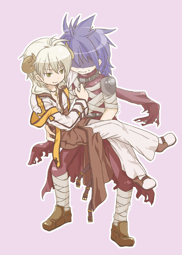 susukinohukurou, arch bishop (ragnarok online), assassin (ragnarok online), ragnarok online, commentary request, 2boys, bandages over clothes, blue hair, brown coat, brown horns, brown shoes, carrying, closed mouth, coat, curled horns, full body, grey hair, horns, jacket, long sleeves, looking at another, male focus, medium hair, multicolored shoes, multiple boys, pants, princess carry, purple background, purple pants, purple shirt, shaded face, shirt, shoes, short hair, simple background, smile, standing, two-tone shoes, white jacket, white pants, white shoes, yellow eyes