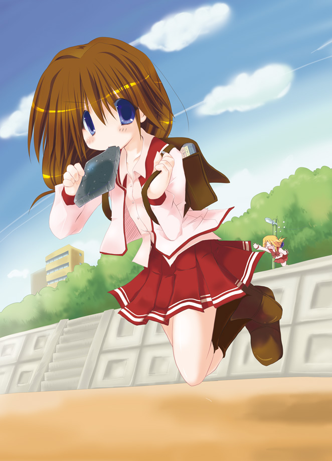 sakanaya nakasa, komaki ikuno, to heart (series), to heart 2, 00s, 1girl, backpack, bag, black socks, blue eyes, blue sky, blush, brown hair, cloud, day, female focus, kneehighs, loafers, outdoors, pleated skirt, red skirt, sailor collar, school uniform, serafuku, shirt, shoes, skirt, sky, socks, solo, white shirt