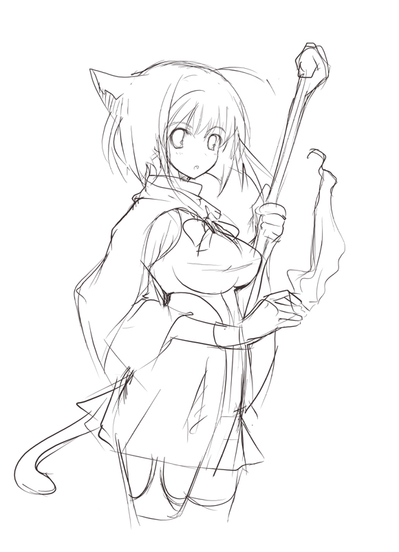 shijou sadafumi, original, tagme, animal ears, cat ears, greyscale, monochrome, sketch, solo, thighhighs