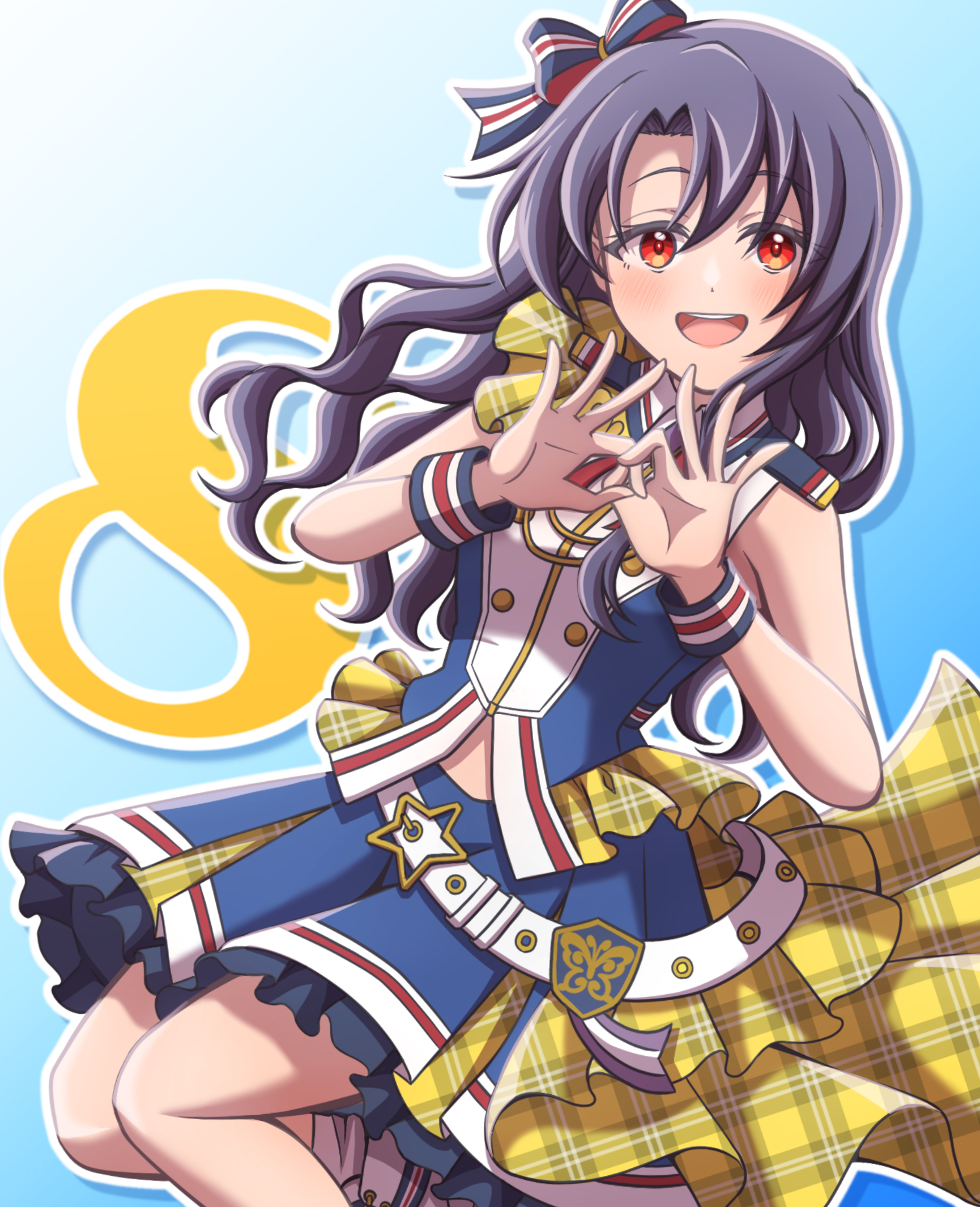 ganbarai, takayama sayoko, idolmaster, idolmaster million live!, idolmaster million live! theater days, commentary request, highres, 1girl, :d, blue background, blue shirt, blue skirt, blush, buttons, create festival (idolmaster), curtained hair, double-breasted, double ok sign, feet out of frame, frilled skirt, frills, gradient background, long hair, looking at viewer, miniskirt, ok sign, open mouth, outline, parted bangs, pleated skirt, purple hair, red eyes, shirt, side part, simple background, skirt, sleeveless, sleeveless shirt, smile, solo, teeth, upper teeth only, wavy hair, white outline