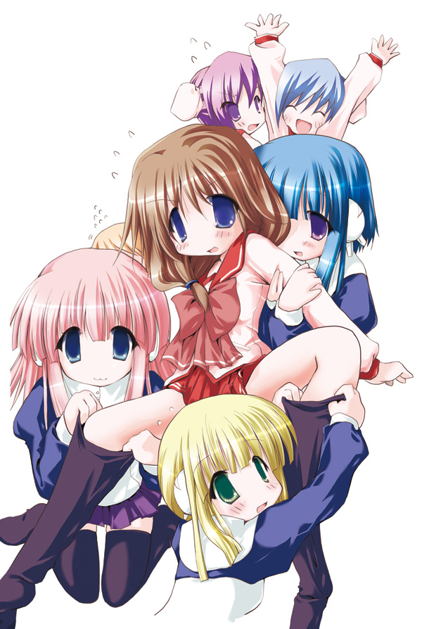 sakanaya nakasa, himeyuri ruri, himeyuri sango, ilfa (to heart), komaki ikuno, milfa (to heart), silfa (to heart), to heart (series), to heart 2, to heart 2 ad, 00s, 6+girls, bun cover, double bun, green eyes, hair bun, multiple girls, robot ears, thighhighs