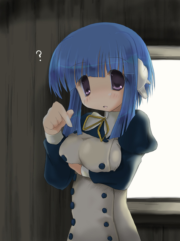 sakanaya nakasa, ilfa (to heart), to heart (series), to heart 2, 00s, 1girl, ?, blue hair, breast rest, breasts, female focus, robot ears, short hair with long locks, solo