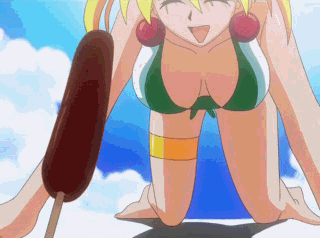 grace lin, eiken, animated, animated gif, anime screenshot, lowres, 00s, 1girl, bikini, blonde hair, bracelet, breasts, chocolate-covered food, chocolate banana, day, earrings, female focus, food, huge breasts, jewelry, large breasts, outdoors, popsicle, sexually suggestive, solo, swimsuit