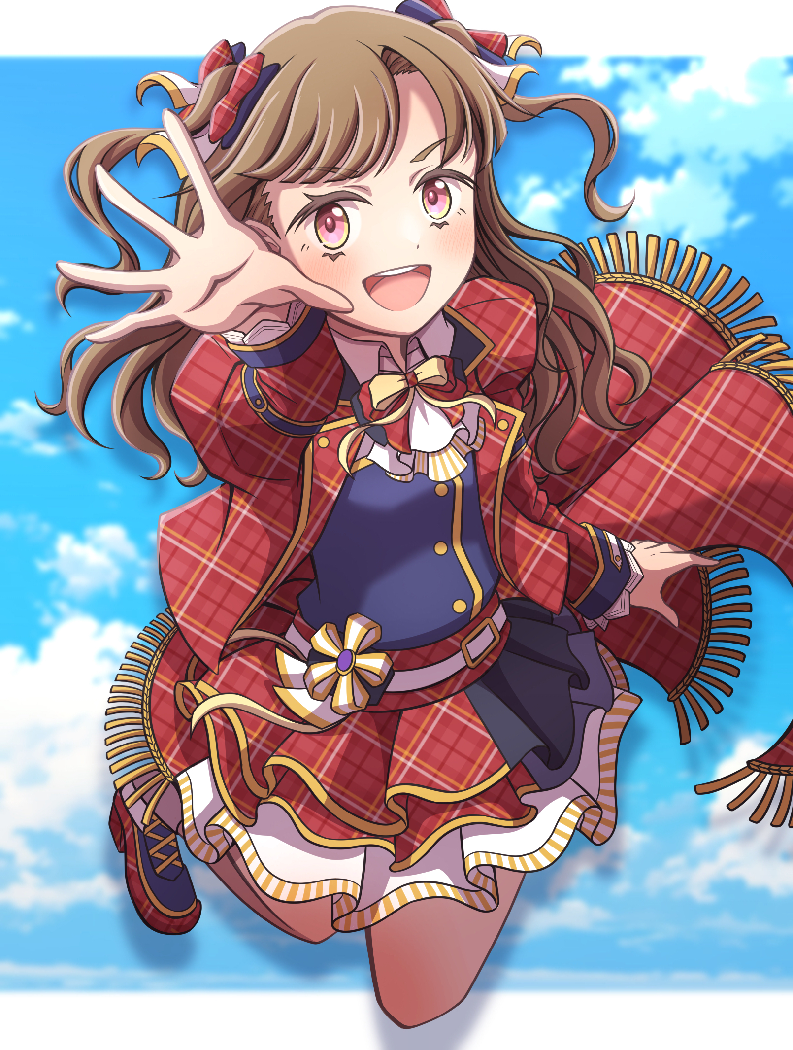 ganbarai, kachimachi kosuzu, link! like! love live!, love live!, commentary request, highres, 1girl, :d, blue background, blue shoes, blue sky, blue vest, bow, bowtie, brown hair, cloud, collared shirt, colored shoe soles, day, dress shirt, full body, hair bow, high heels, jacket, jumping, letterboxed, long hair, long sleeves, looking at viewer, miniskirt, multicolored eyes, neck ribbon, official alternate costume, open clothes, open hand, open jacket, open mouth, pink eyes, plaid bow, plaid bowtie, plaid clothes, plaid jacket, plaid shoes, plaid skirt, reaching, reaching towards viewer, red bow, red bowtie, red jacket, ribbon, round teeth, shirt, shoes, skirt, sky, smile, solo, taiyou de are!, teeth, two-tone eyes, two side up, upper teeth only, v-shaped eyebrows, vest, white shirt, yellow eyes, yellow ribbon
