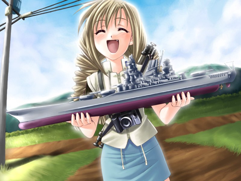 shiragiku ouka, yamato, yume no tsubasa, brown hair, camera, closed eyes, drill hair, fang, long hair, ship, skirt, smile, solo, watercraft