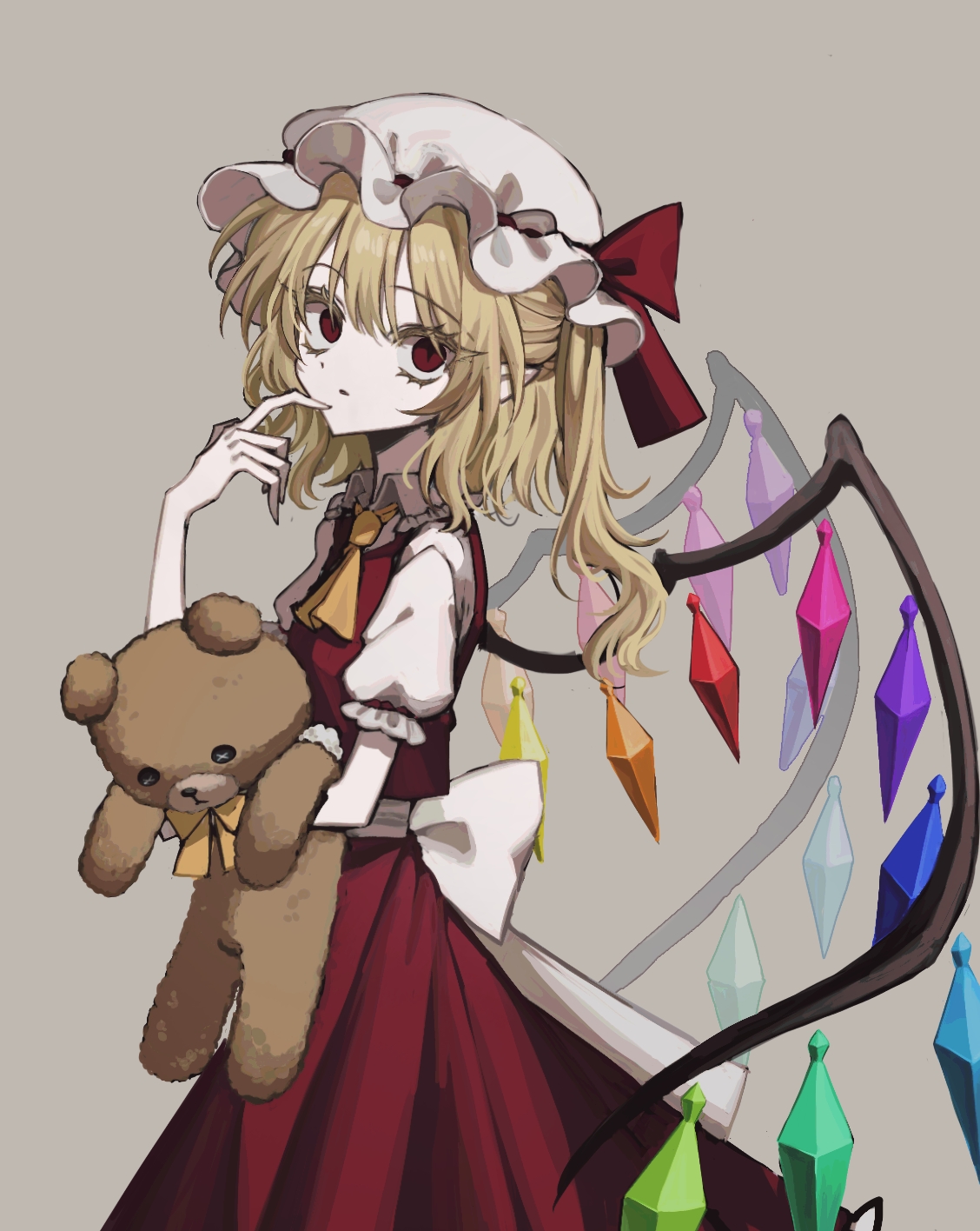 nk (pixiv32038709), flandre scarlet, touhou, highres, 1girl, ascot, blonde hair, cowboy shot, crystal, crystal wings, grey background, hand up, hat, holding, holding stuffed toy, looking at viewer, mob cap, puffy short sleeves, puffy sleeves, red eyes, red skirt, shirt, short sleeves, side ponytail, simple background, skirt, solo, stuffed animal, stuffed toy, teddy bear, wings, yellow ascot