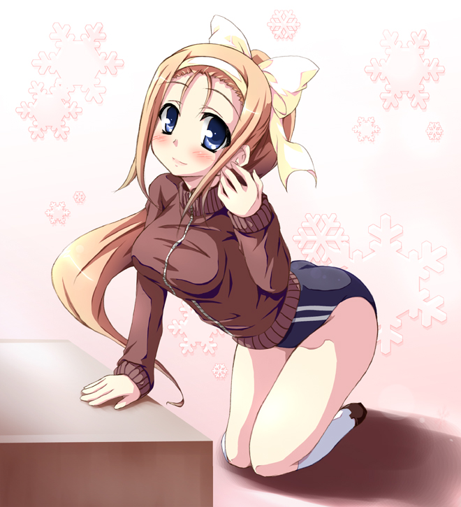 tekehiro, minegishi ayano, lucky star, 00s, bow, buruma, double vertical stripe, gym uniform, hair bow, hairband, solo