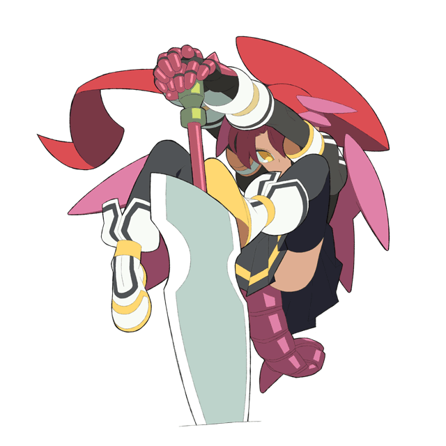 itsumo nokoru, bahamut (totomono), ken to mahou to gakuen mono, ken to mahou to gakuen mono 3, commentary, 1girl, anime coloring, armor, armored gloves, black gloves, black skirt, black sleeves, black thighhighs, dragon girl, dragon tail, dragon wings, elbow gloves, floating hair, full body, gauntlets, gloves, hair over one eye, looking at viewer, one eye covered, pink tail, pink wings, pleated skirt, ponytail, red armor, red hair, shirt, shoe soles, shoes, short sleeves, simple background, skirt, solo, spiked armor, sword, tail, thighhighs, weapon, white background, white shirt, white shoes, white wrist cuffs, wings, wrist cuffs, yellow eyes