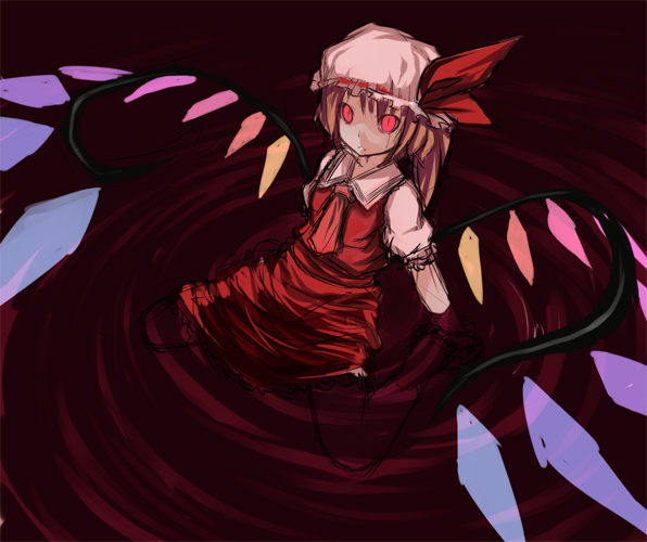 shiratama dango, flandre scarlet, touhou, 1girl, blonde hair, female focus, hat, mob cap, red eyes, solo, vampire, wings