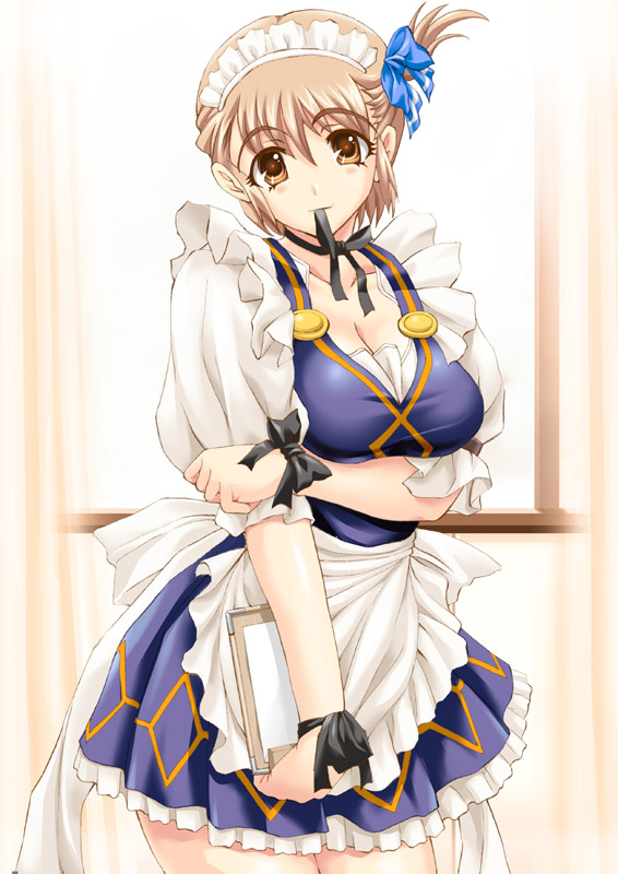shiruko (inosin), original, 1girl, breasts, brown eyes, brown hair, choker, cleavage, cowboy shot, female focus, hair ribbon, mouth hold, ribbon, solo, waitress