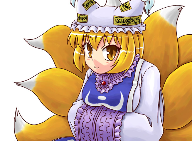 sasuke (sasuke no sato), yakumo ran, touhou, eyebrows, 1girl, animal hat, blonde hair, breasts, brooch, dress, female focus, frills, gem, hands in opposite sleeves, hat, jewelry, long sleeves, looking at viewer, mob cap, ofuda, short hair, solo, tabard, upper body, white background, white dress, wide sleeves