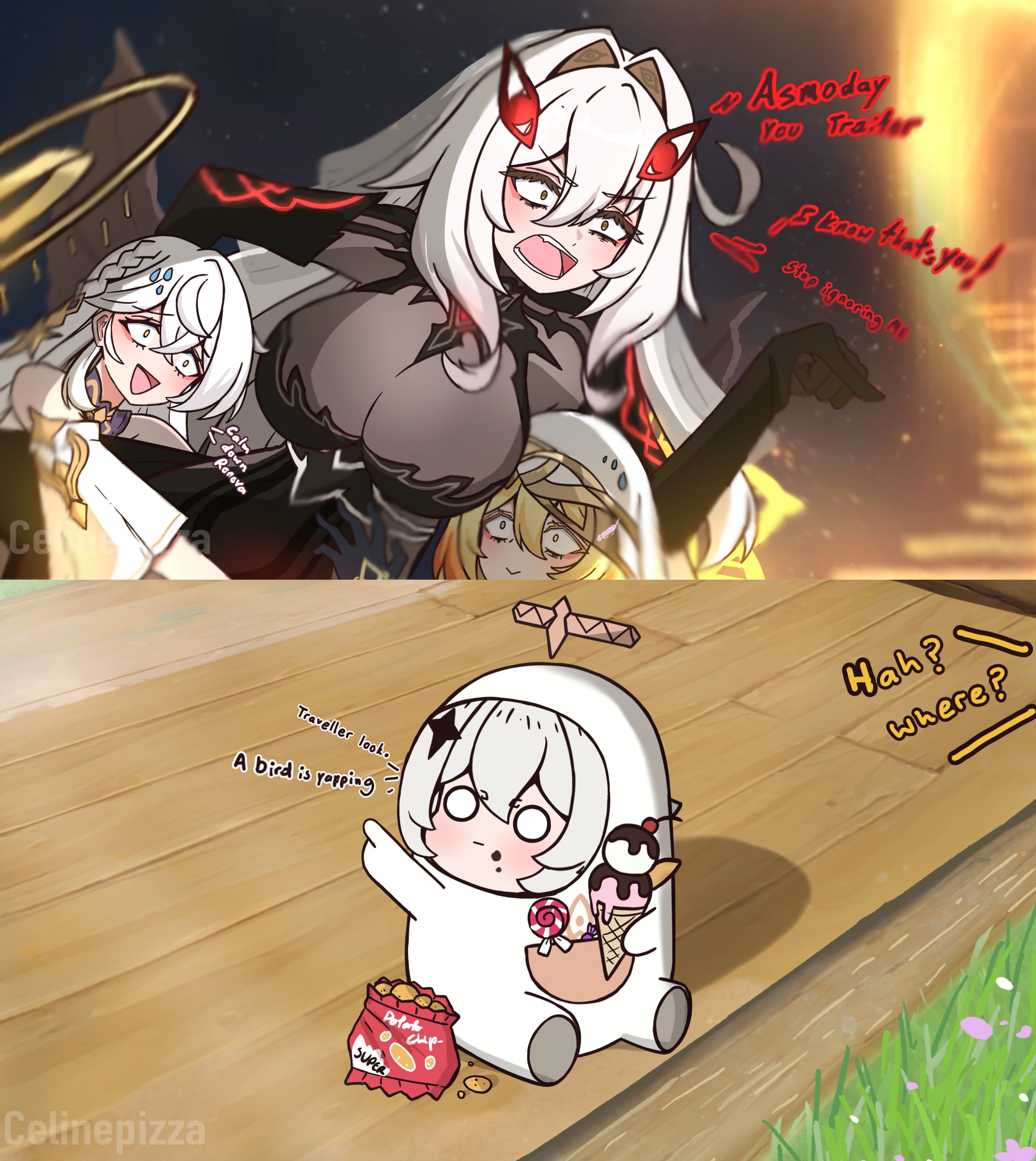 celinepizza, crewmate (among us), istaroth (genshin impact), naberius (genshin impact), paimon (genshin impact), ronova (genshin impact), genshin impact, absurdres, highres, chips (food), cosplay, crewmate (among us) (cosplay), food, halo, ice cream, popsicle, sweatdrop, veil, white hair