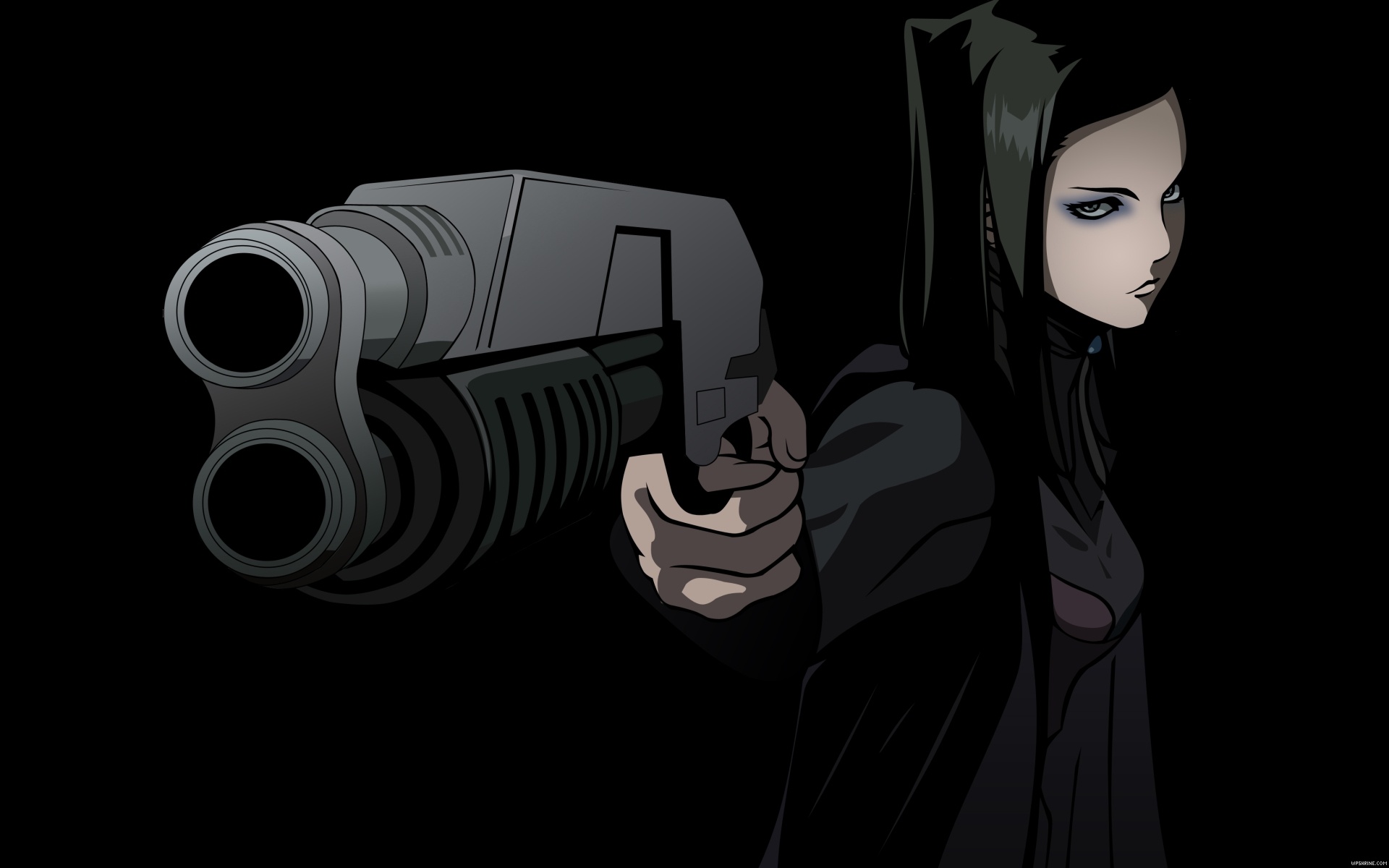 murase shuko, re-l mayer, ergo proxy, highres, 00s, black hair, dark, eyeshadow, foreshortening, gun, makeup, shotgun, solo, weapon