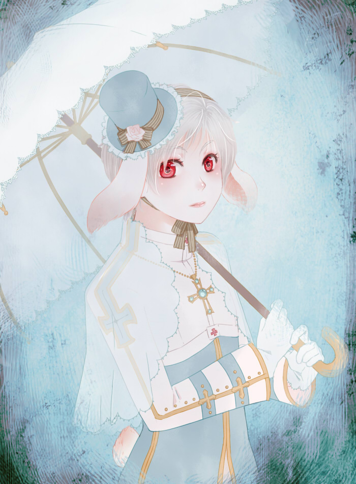 susukinohukurou, arch bishop (ragnarok online), ragnarok online, commentary request, variant set, 1boy, animal ears, black bow, blue background, blue coat, blue hat, bow, closed mouth, coat, cropped jacket, cross, cross necklace, expressionless, floppy ears, gloves, hat, hat bow, holding, holding umbrella, jacket, jewelry, lips, long sleeves, looking at viewer, male focus, mini hat, mini top hat, necklace, parasol, rabbit boy, rabbit ears, rabbit tail, red eyes, short hair, solo, tail, top hat, umbrella, upper body, vignetting, white gloves, white jacket, white umbrella