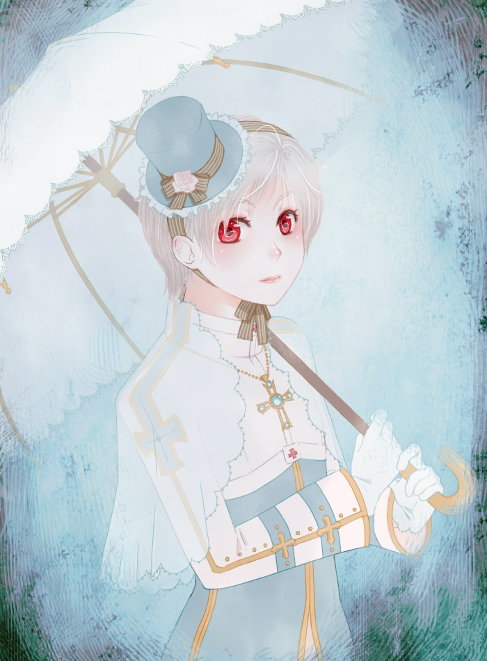 susukinohukurou, arch bishop (ragnarok online), ragnarok online, commentary request, variant set, 1boy, black bow, blue background, blue coat, blue hat, bow, closed mouth, coat, cropped jacket, cross, cross necklace, expressionless, gloves, hat, hat bow, holding, holding umbrella, jacket, jewelry, lips, long sleeves, looking at viewer, male focus, mini hat, mini top hat, necklace, parasol, red eyes, short hair, solo, top hat, umbrella, upper body, vignetting, white gloves, white jacket, white umbrella