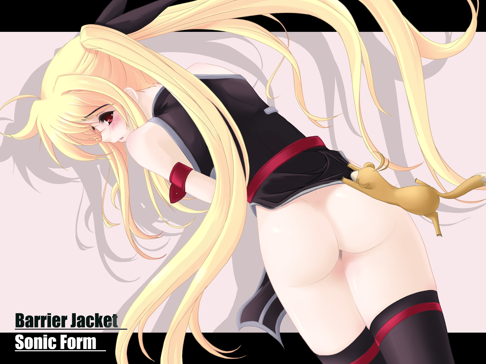 frapowa, fate testarossa, fate testarossa (true sonic form), yuuno scrya, lyrical nanoha, mahou shoujo lyrical nanoha, mahou shoujo lyrical nanoha a's, highres, 00s, 1girl, ass, blonde hair, female focus, ferret, long hair, looking back, no panties, solo, thighhighs, twintails, very long hair