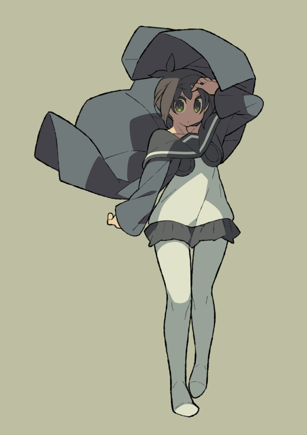 itsumo nokoru, original, archived source, bad link, 1girl, antenna hair, arm at side, black hair, black sailor collar, black skirt, coat, collar, collarbone, collared coat, facing viewer, floating clothes, full body, green background, green eyes, grey coat, grey sleeves, hair between eyes, long sleeves, looking at viewer, no shoes, pantyhose, pleated skirt, sailor collar, shirt, sidelocks, simple background, skirt, sleeves past wrists, solo, walking, walking towards viewer, white pantyhose, white shirt